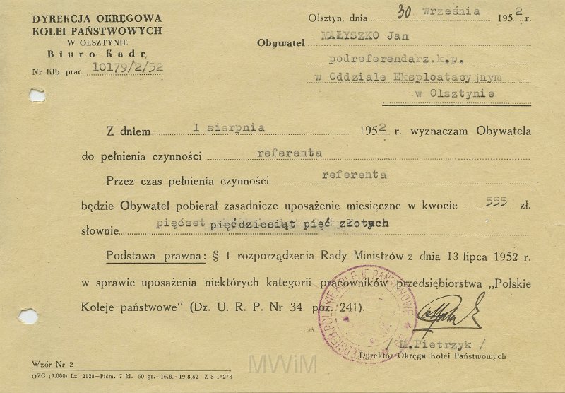 KKE 5640.jpg - Dok. Pismo z Dyrekcji Okręgowej Kolei Państwowych w Olsztynie do Jana Małyszko dotyczące awansu zawodowego, Olsztyn, 30 IX 1952 r.